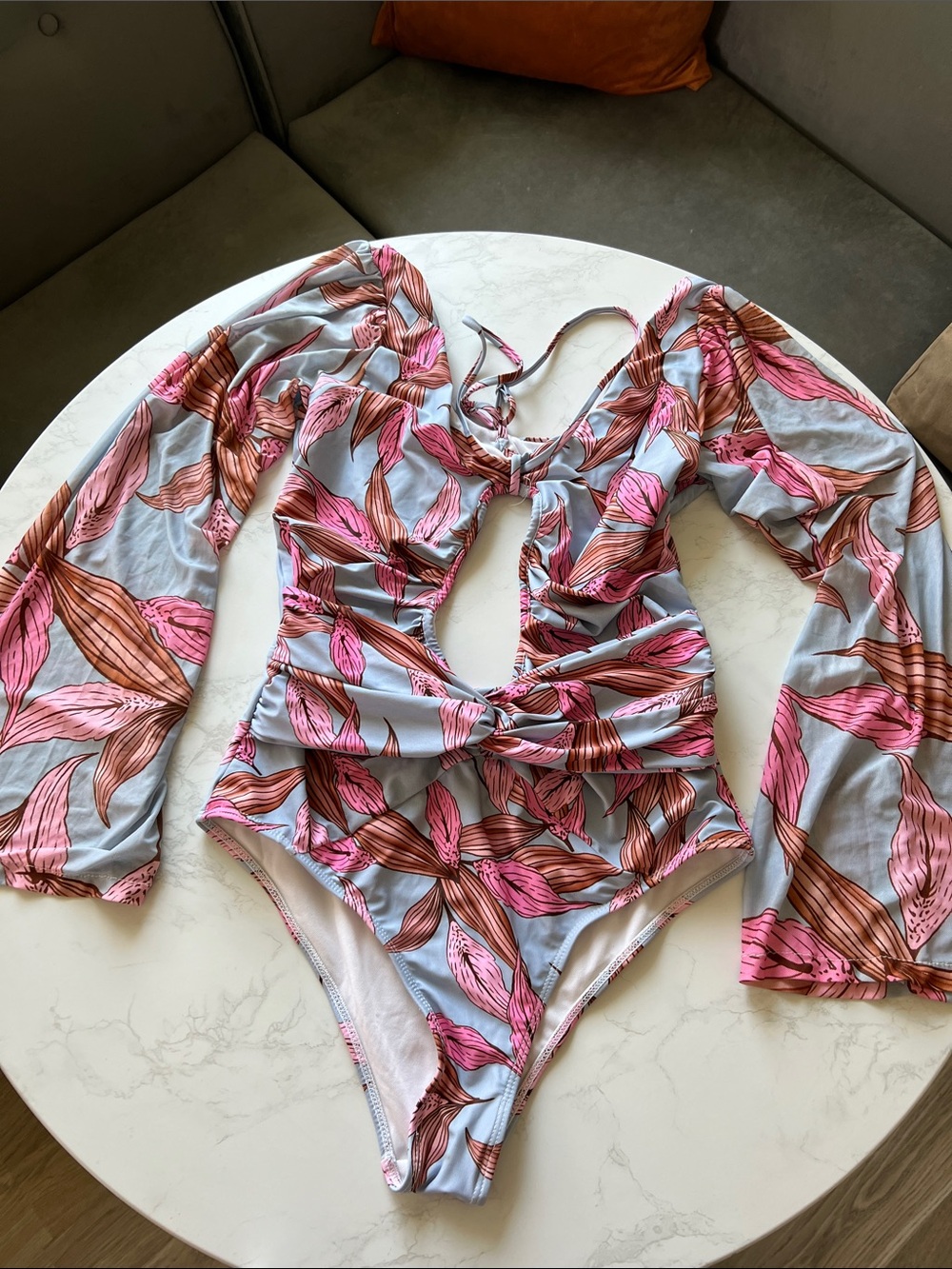 Women Pink Floral Long-Sleeve One-Piece Swimsuit